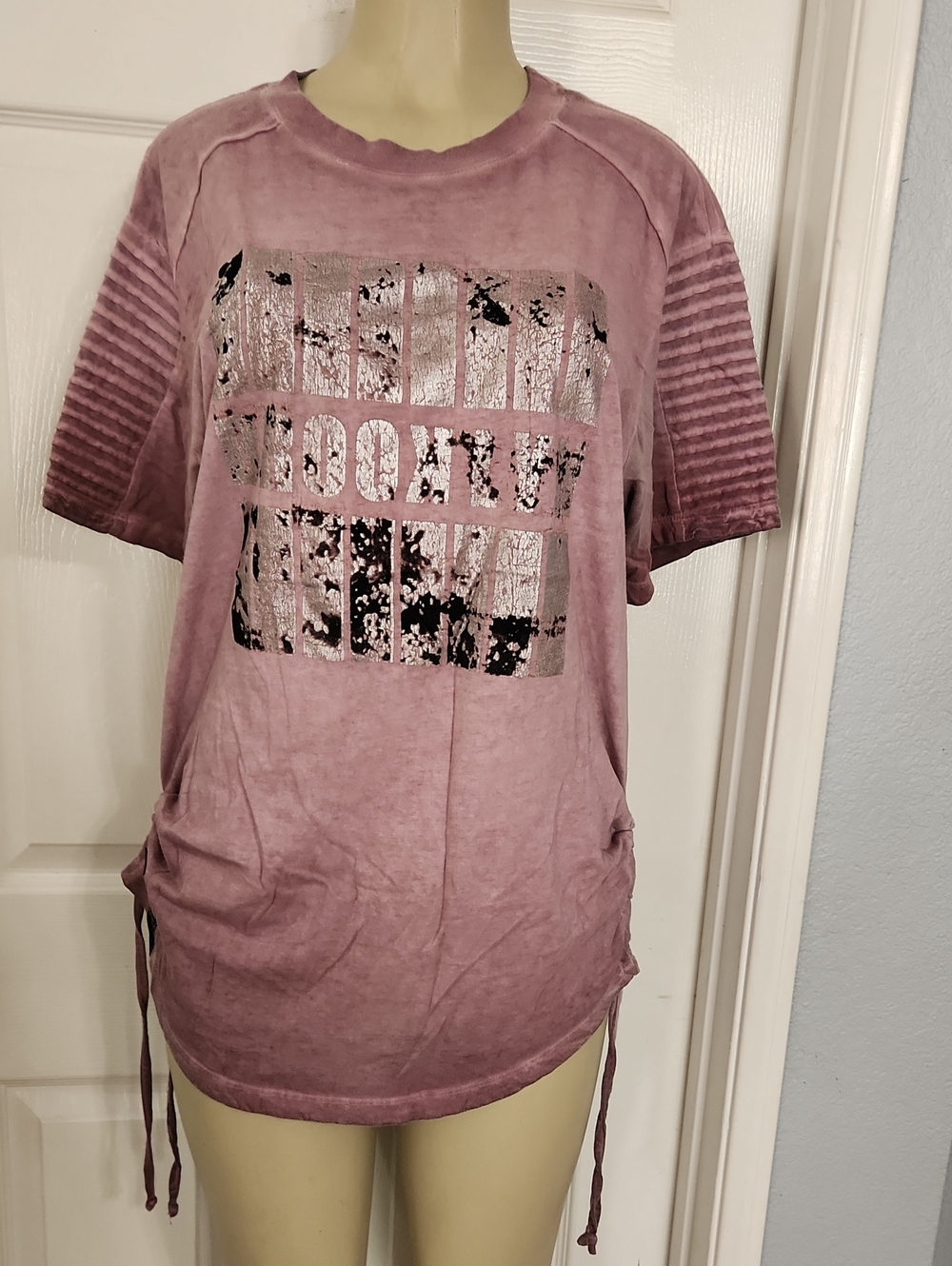 RARE Washed Mauve Short-Sleeve Graphic Blouse with Side Ties